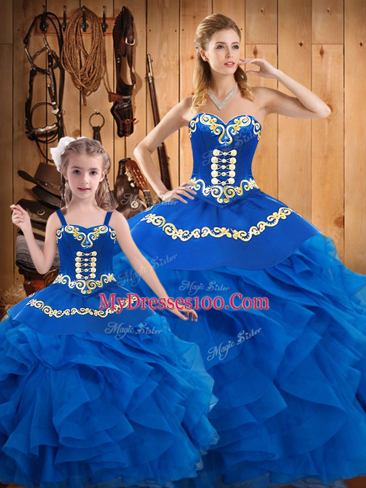 Great Blue Lace Up Sweetheart Embroidery Sweet 16 Dresses Tulle Sleeveless