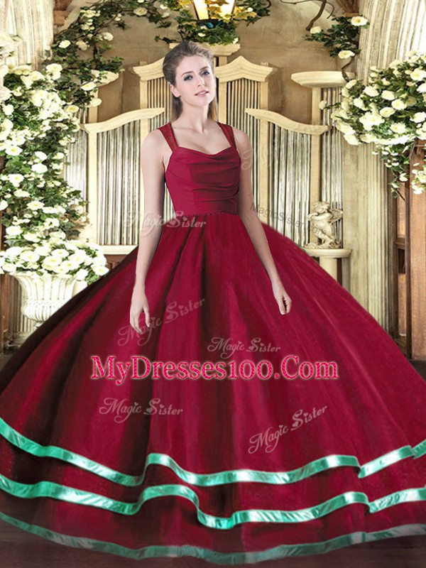 Hot Sale Sleeveless Floor Length Ruffled Layers and Ruching Zipper 15th Birthday Dress with Wine Red