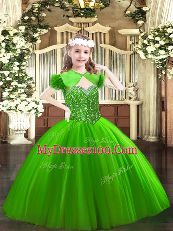 Floor Length Green Kids Pageant Dress Tulle Sleeveless Beading