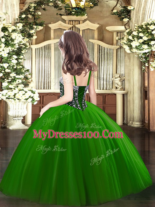 Floor Length Green Kids Pageant Dress Tulle Sleeveless Beading