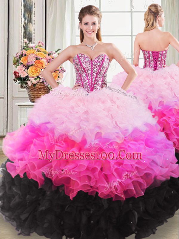 Traditional Sleeveless Floor Length Beading and Ruffles Lace Up Quinceanera Gown with Multi-color