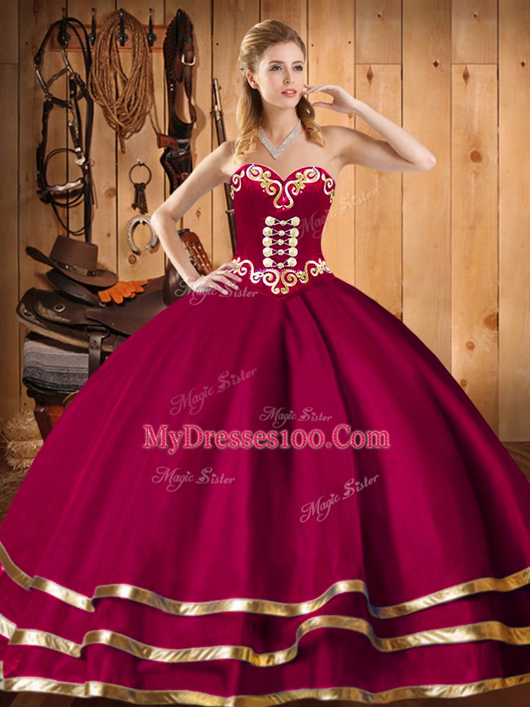 Floor Length Lace Up Sweet 16 Dresses Wine Red for Military Ball and Sweet 16 and Quinceanera with Embroidery and Ruffles