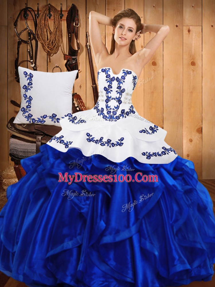 Ball Gowns Sweet 16 Dress Blue Strapless Satin and Organza Sleeveless Floor Length Lace Up