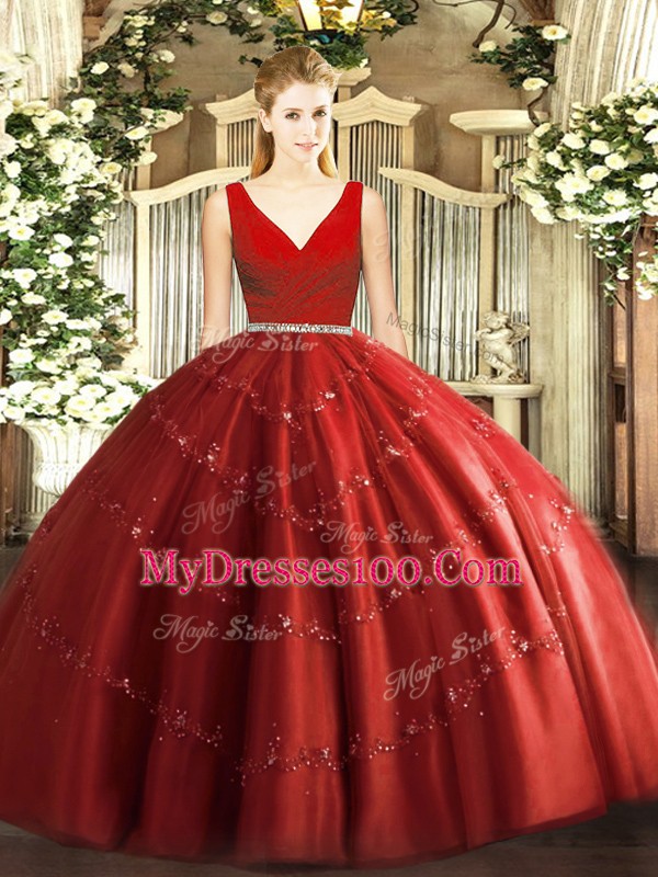 Romantic V-neck Sleeveless Sweet 16 Dress Floor Length Beading Wine Red Tulle