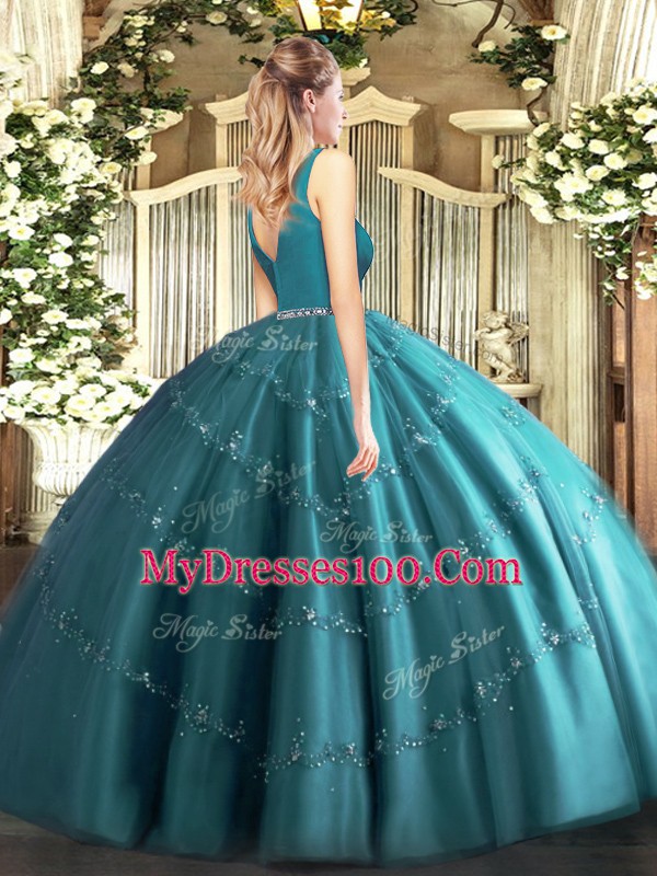 Romantic V-neck Sleeveless Sweet 16 Dress Floor Length Beading Wine Red Tulle