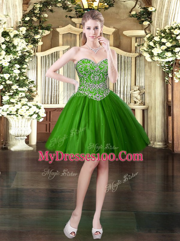 Dark Green Sleeveless Tulle Lace Up Cocktail Dress for Prom and Party
