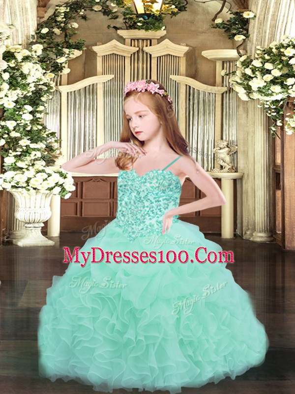 Unique Sleeveless Floor Length Beading and Ruffles and Pick Ups Lace Up Pageant Gowns with Apple Green