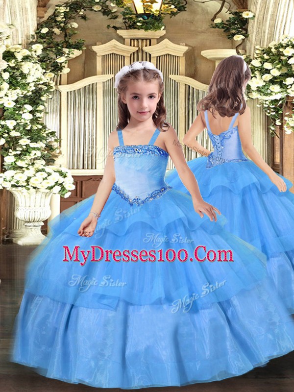 Baby Blue Lace Up Straps Appliques Little Girls Pageant Gowns Organza Sleeveless
