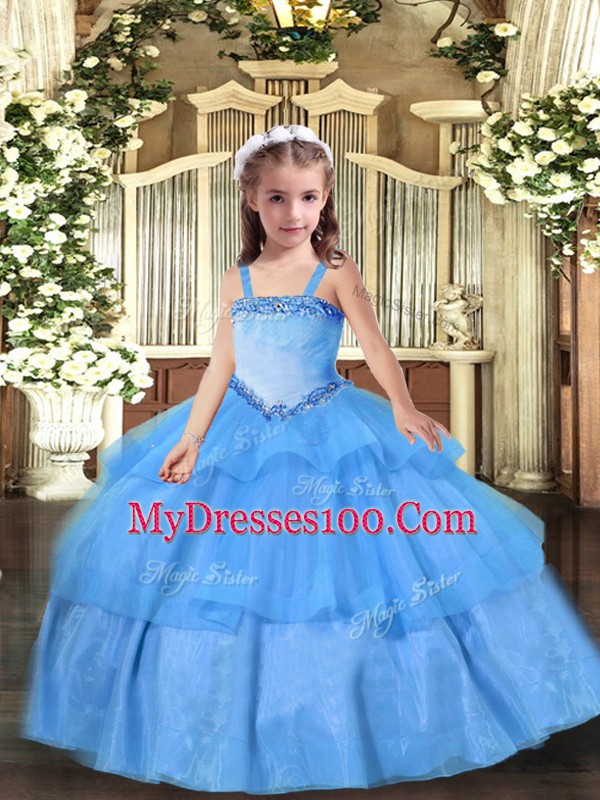 Baby Blue Lace Up Straps Appliques Little Girls Pageant Gowns Organza Sleeveless