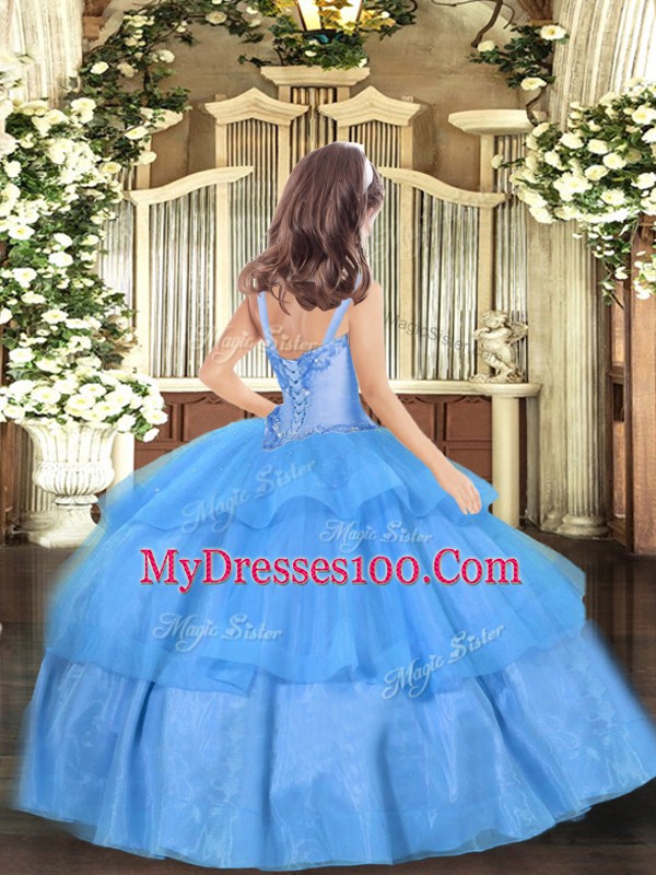 Baby Blue Lace Up Straps Appliques Little Girls Pageant Gowns Organza Sleeveless