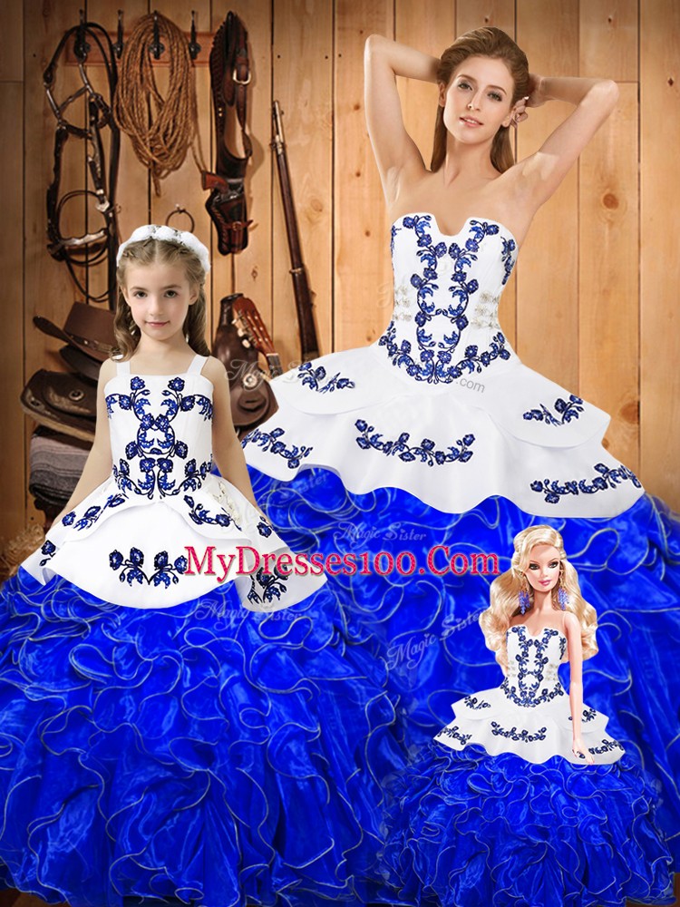 Tulle Strapless Sleeveless Lace Up Embroidery and Ruffles Sweet 16 Quinceanera Dress in Royal Blue