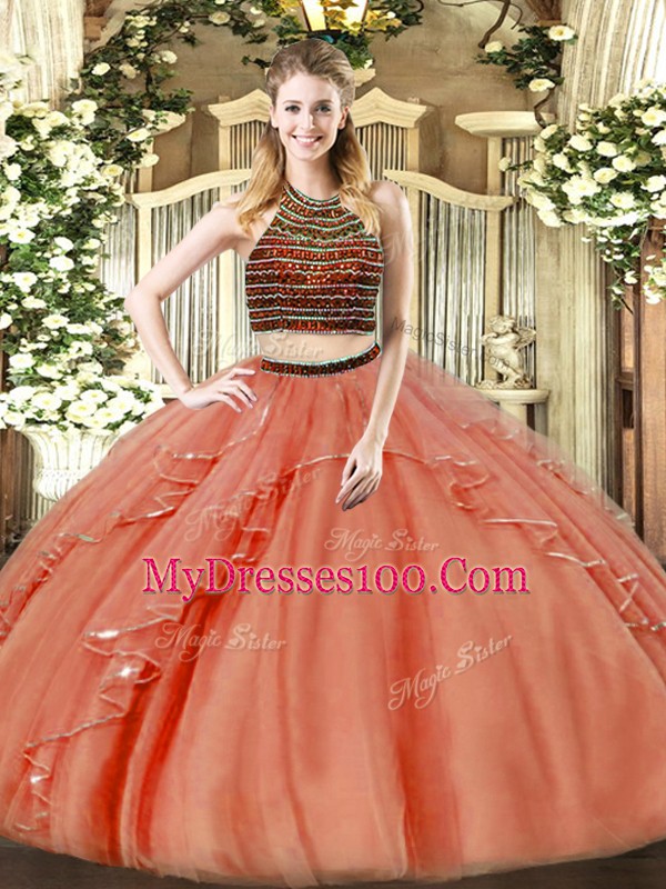 Ball Gowns Sweet 16 Dresses Rust Red Halter Top Organza Sleeveless Floor Length Zipper