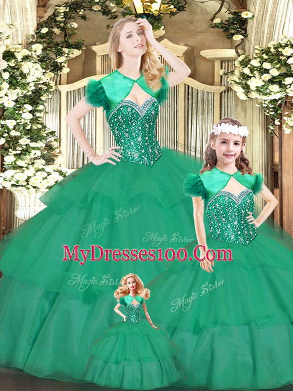 Beading and Ruffled Layers Ball Gown Prom Dress Green Lace Up Sleeveless Floor Length