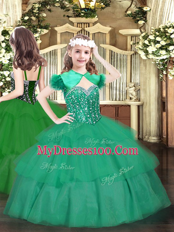 Beading and Ruffled Layers Ball Gown Prom Dress Green Lace Up Sleeveless Floor Length