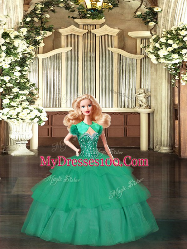 Beading and Ruffled Layers Ball Gown Prom Dress Green Lace Up Sleeveless Floor Length