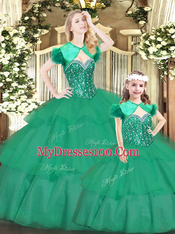 Beading and Ruffled Layers Ball Gown Prom Dress Green Lace Up Sleeveless Floor Length
