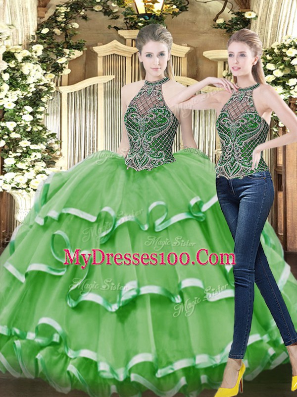 High-neck Sleeveless Lace Up Quinceanera Gowns Green Organza
