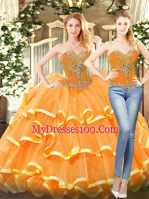 Sweetheart Sleeveless Organza Quinceanera Dress Beading and Ruffled Layers Lace Up