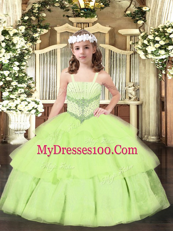 Yellow Green Sleeveless Organza Lace Up Little Girls Pageant Dress for Party and Quinceanera