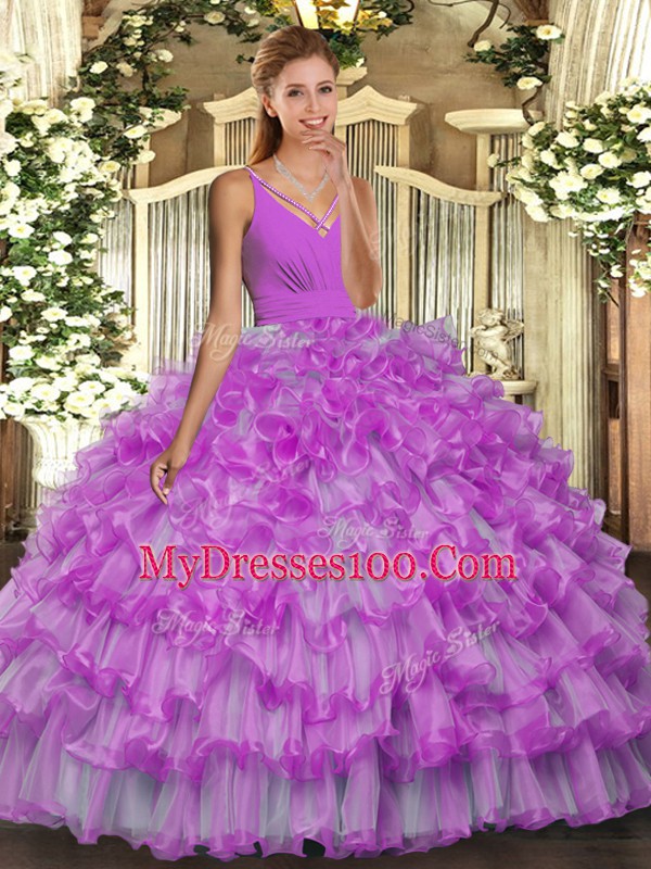 Modern Lilac Ball Gowns V-neck Sleeveless Organza Floor Length Backless Beading and Ruffles Quinceanera Gown