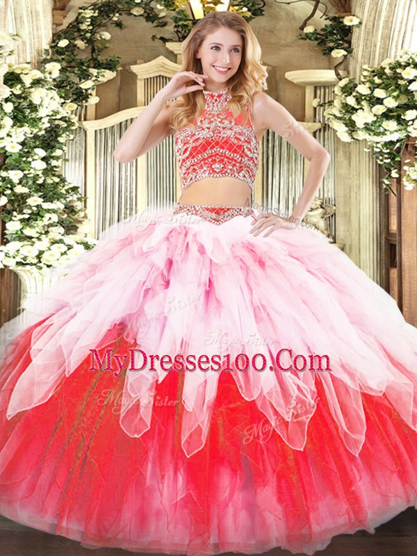 Sleeveless Backless Floor Length Beading and Ruffles Sweet 16 Dress