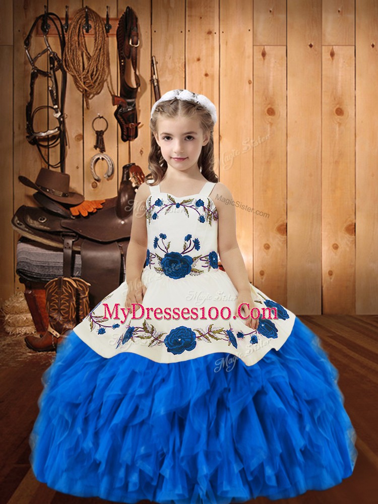 Stylish Blue Lace Up Glitz Pageant Dress Beading and Ruffles Sleeveless