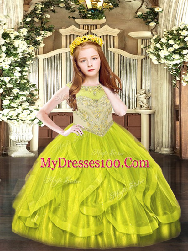 Cute Yellow Green Ball Gowns Beading and Ruffles Girls Pageant Dresses Zipper Tulle Sleeveless Floor Length