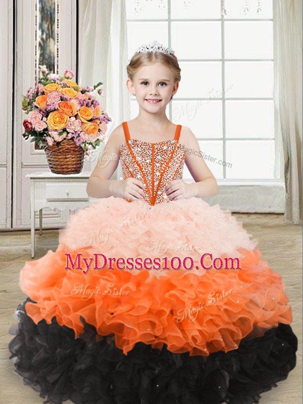 Multi-color Lace Up Evening Gowns Beading and Ruffles Sleeveless Floor Length