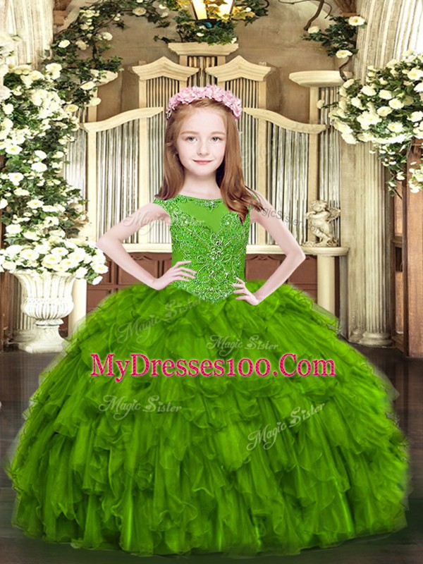 Best Floor Length Green Little Girls Pageant Dress Wholesale Organza Sleeveless Beading and Ruffles