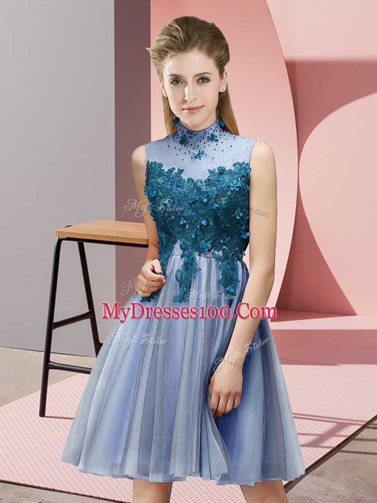 Knee Length Empire Sleeveless Blue Wedding Guest Dresses Lace Up