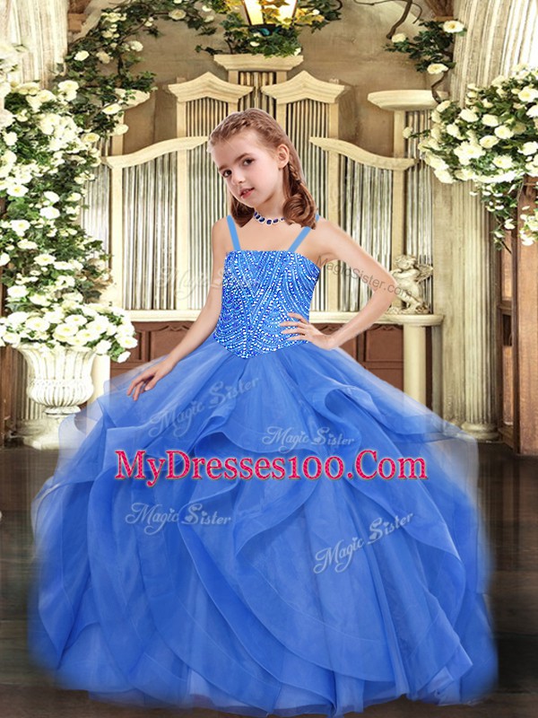 Sleeveless Floor Length Beading and Ruffles Lace Up Little Girl Pageant Gowns with Blue
