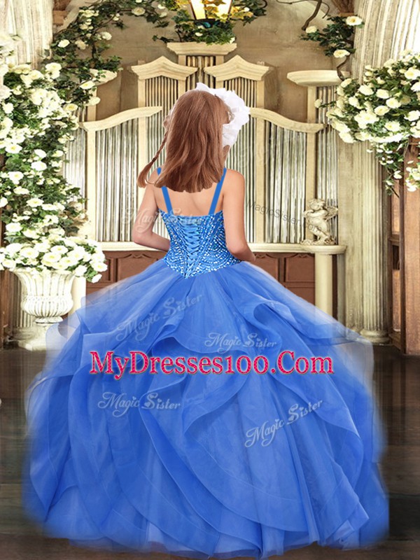 Sleeveless Floor Length Beading and Ruffles Lace Up Little Girl Pageant Gowns with Blue