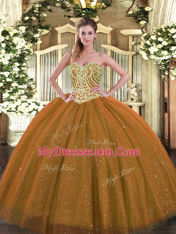 Sweetheart Sleeveless Quince Ball Gowns Floor Length Beading Brown Tulle