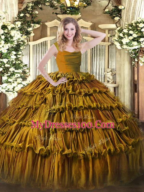 Sleeveless Organza Floor Length Zipper Ball Gown Prom Dress in Brown with Ruffled Layers