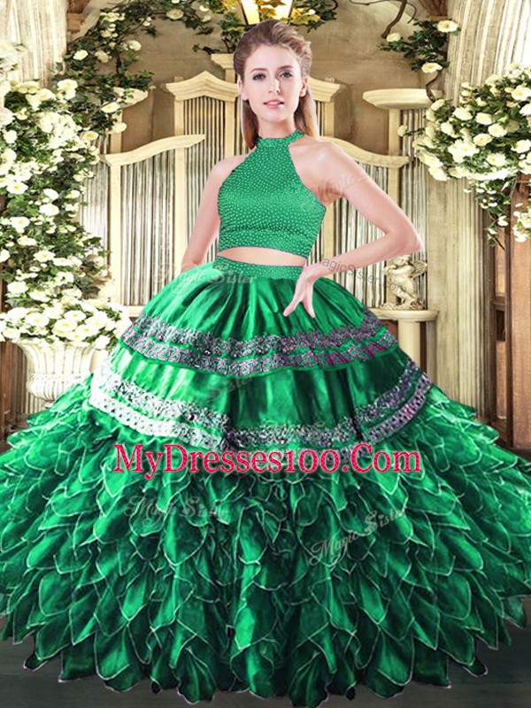 Fancy Floor Length Dark Green Quince Ball Gowns Halter Top Sleeveless Backless