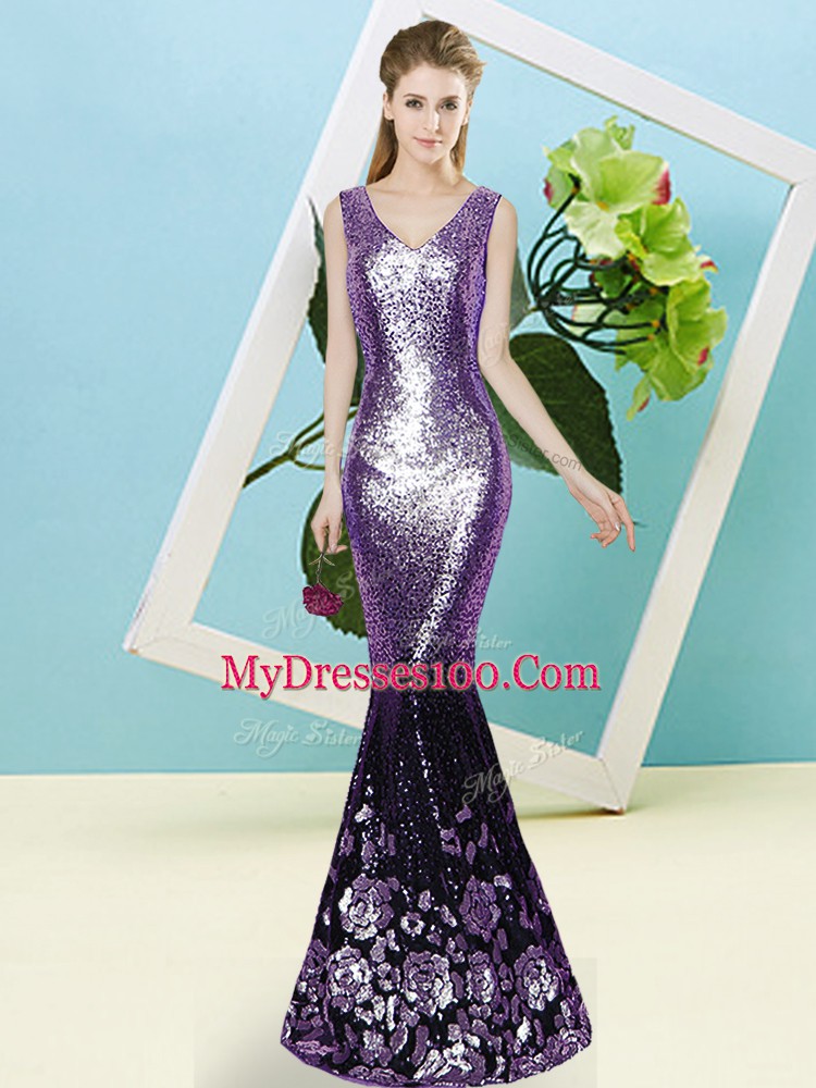 Decent Eggplant Purple Sleeveless Sequins Floor Length Dress for Prom