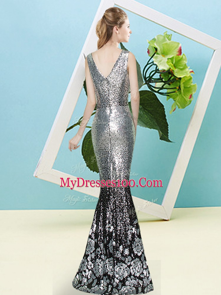 Decent Eggplant Purple Sleeveless Sequins Floor Length Dress for Prom