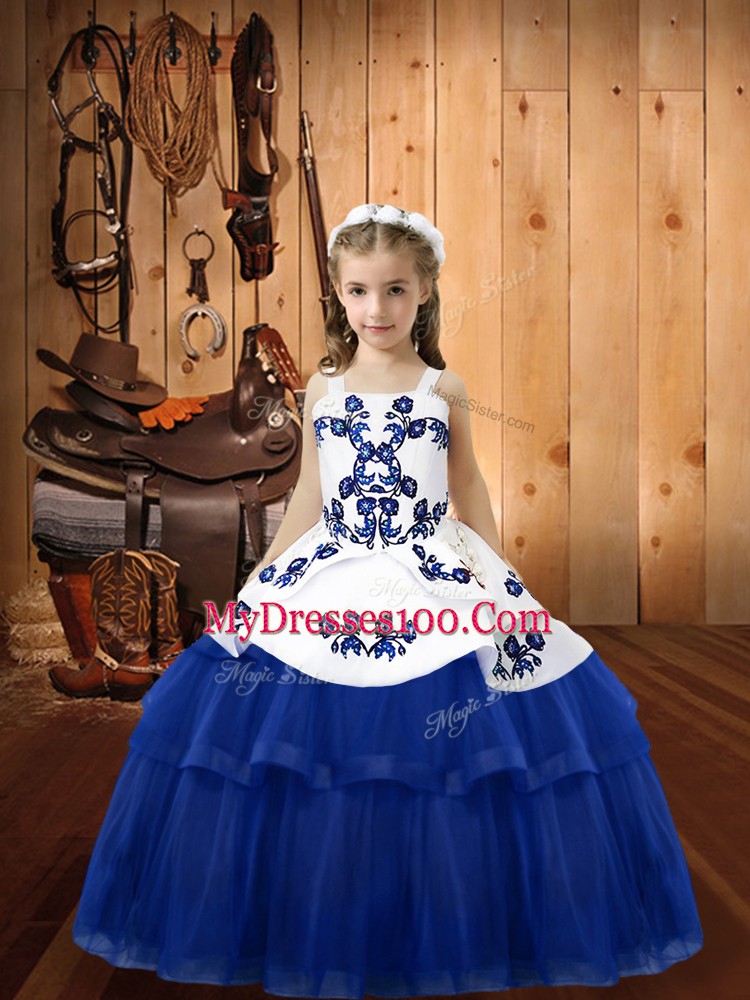 Custom Designed Blue Ball Gowns Tulle Straps Sleeveless Embroidery Floor Length Lace Up High School Pageant Dress