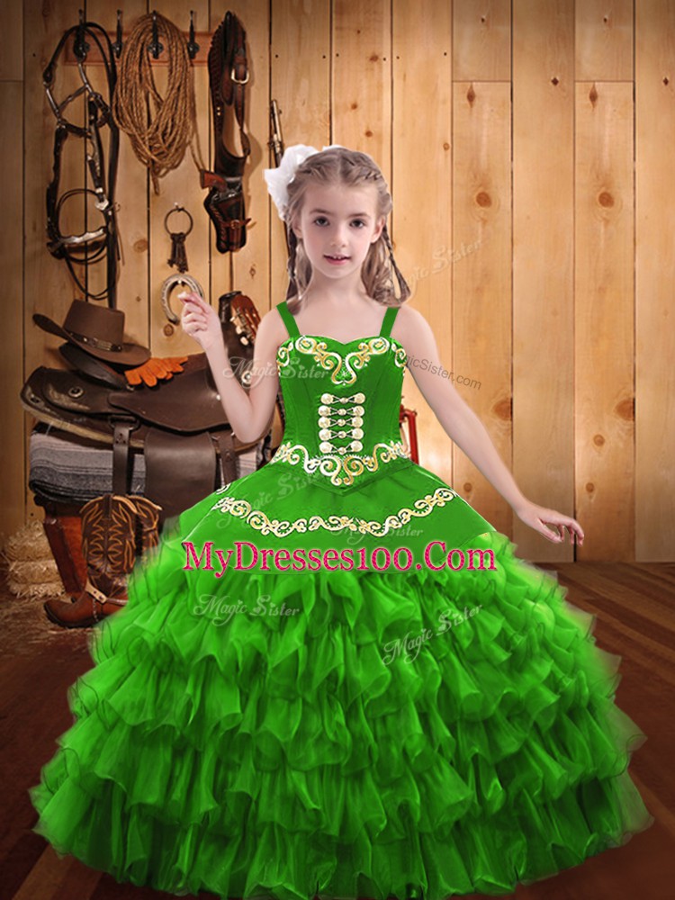 Floor Length Kids Pageant Dress Straps Sleeveless Lace Up