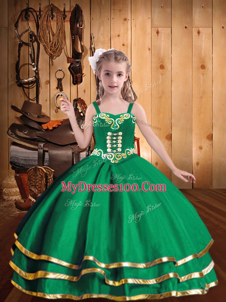 Fashionable Embroidery and Ruffled Layers Pageant Gowns For Girls Green Lace Up Sleeveless Floor Length