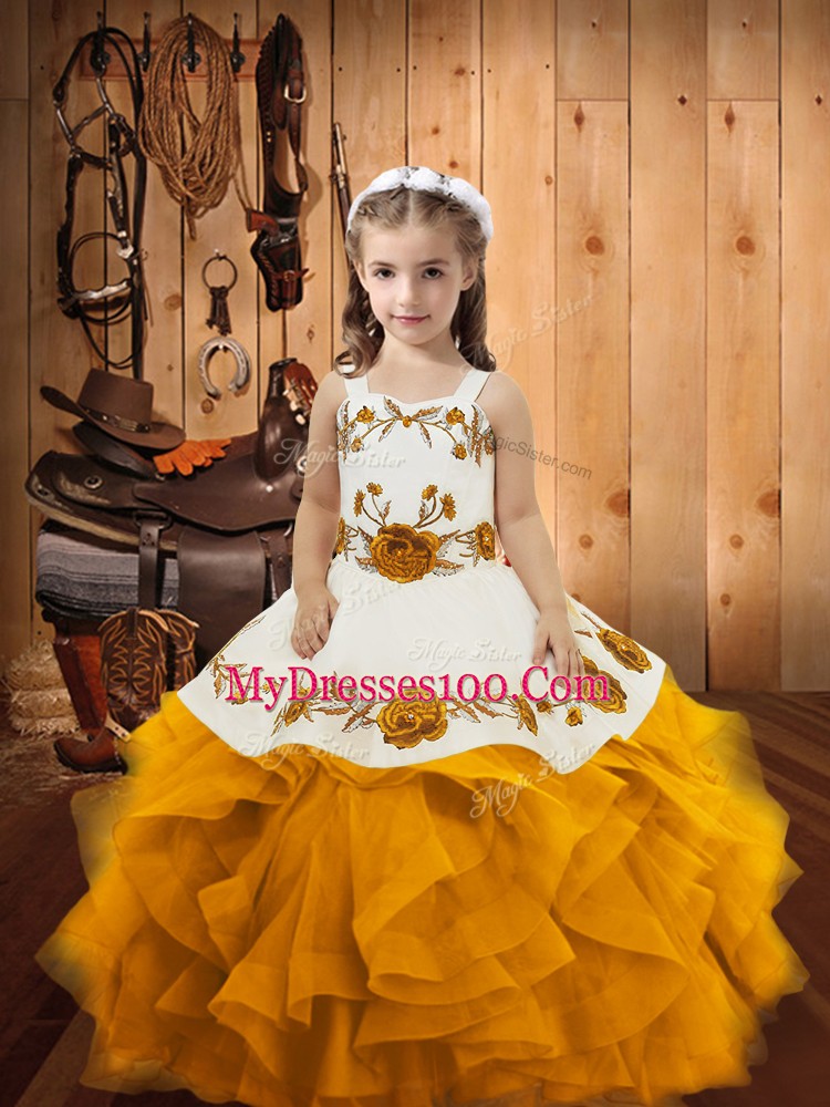 Superior Gold Organza Lace Up Little Girls Pageant Dress Wholesale Sleeveless Floor Length Embroidery and Ruffles