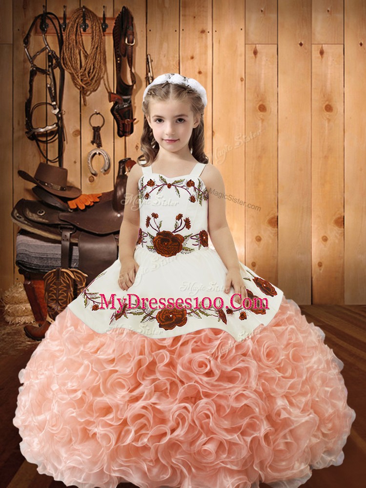 Peach Straps Lace Up Embroidery and Ruffles Kids Pageant Dress Sleeveless