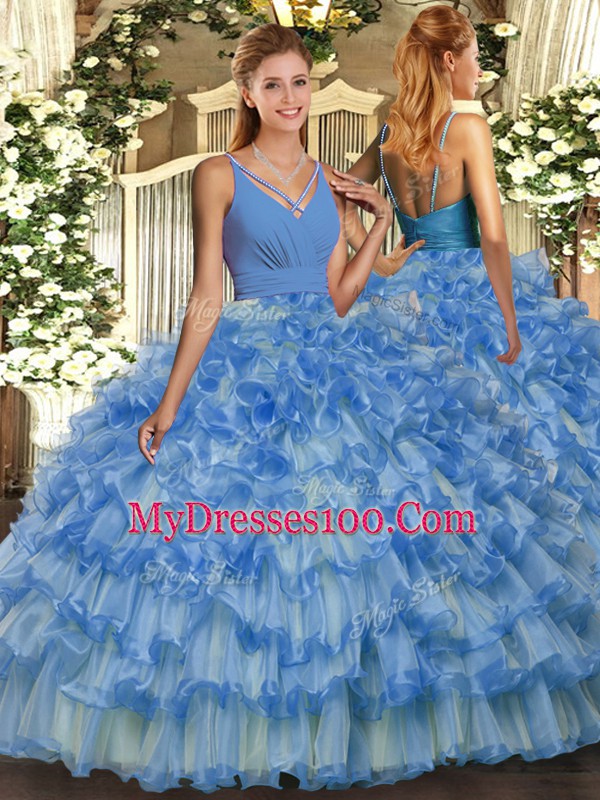 Vintage Ball Gowns Quinceanera Gown Blue V-neck Organza Sleeveless Floor Length Backless