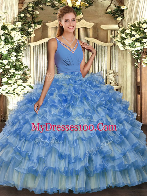 Vintage Ball Gowns Quinceanera Gown Blue V-neck Organza Sleeveless Floor Length Backless