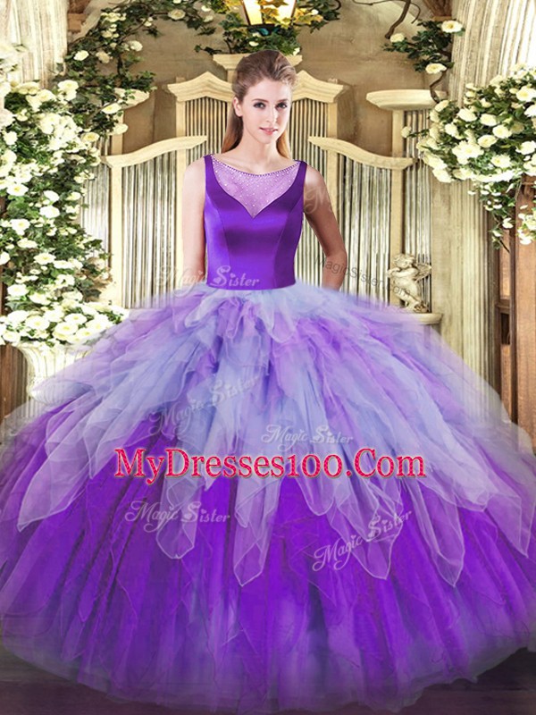 Excellent Sleeveless Beading and Ruffles Side Zipper Quinceanera Gown