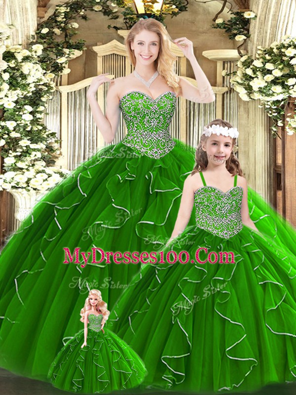 Sweetheart Sleeveless Quinceanera Gown Floor Length Beading and Ruffles Green Tulle