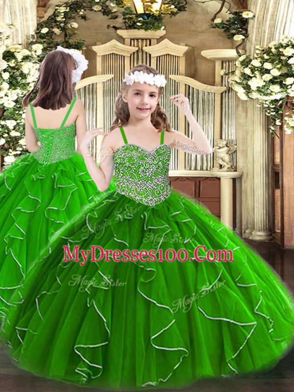 Sweetheart Sleeveless Quinceanera Gown Floor Length Beading and Ruffles Green Tulle