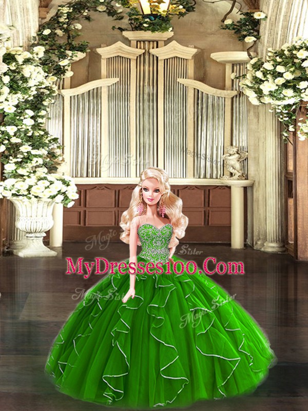 Sweetheart Sleeveless Quinceanera Gown Floor Length Beading and Ruffles Green Tulle
