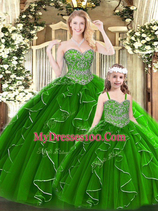 Sweetheart Sleeveless Quinceanera Gown Floor Length Beading and Ruffles Green Tulle