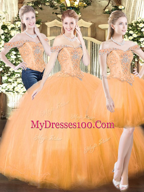 Super Organza Off The Shoulder Sleeveless Lace Up Beading and Ruffles Quinceanera Dresses in Orange Red